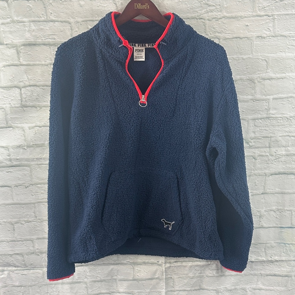 Victoria's Secret Dark Blue Fleece Hoodie with Bright Pink Trim